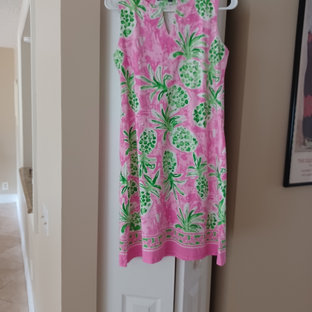 Barbara Erickson Pinapple Pink and Green Tropical Dress. cotton  with spandex S